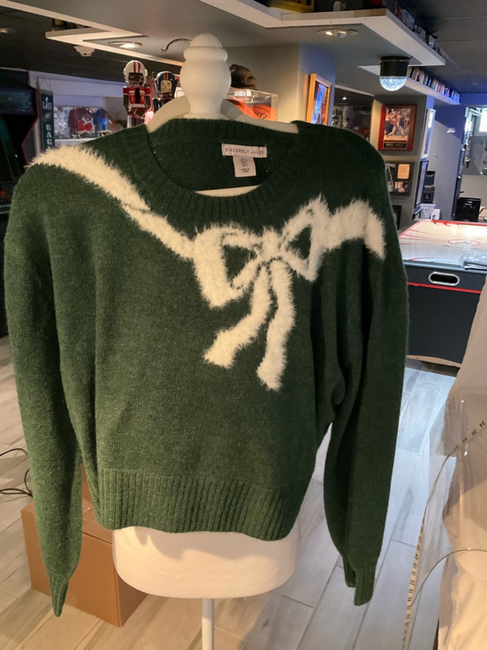 Sincerly Jules Forest Green Crewneck Sweater with White Bow